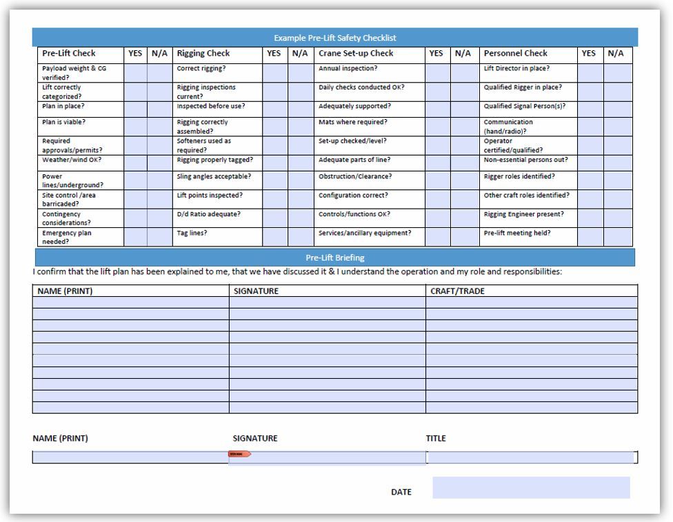 example pre lift safety checklist form checklist form